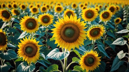 Fototapeta premium Vibrant sunflower field with numerous blooming sunflowers facing the sun in rural landscape during daytime