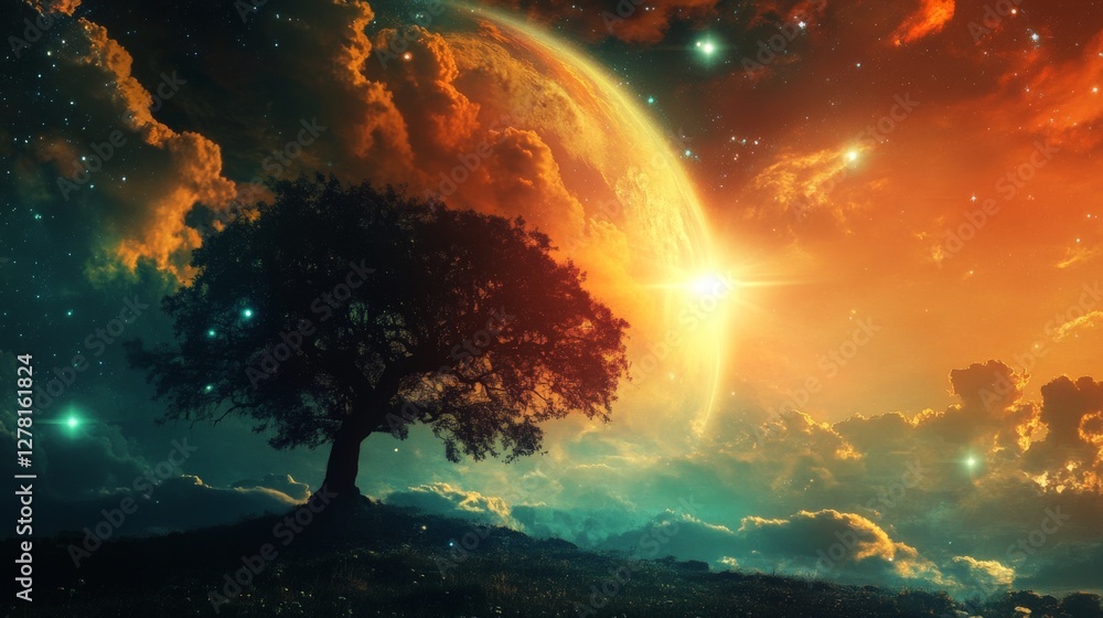 Canvas Prints a single tree stands tall against a backdrop of vibrant planets and stars in a surreal dreamscape.