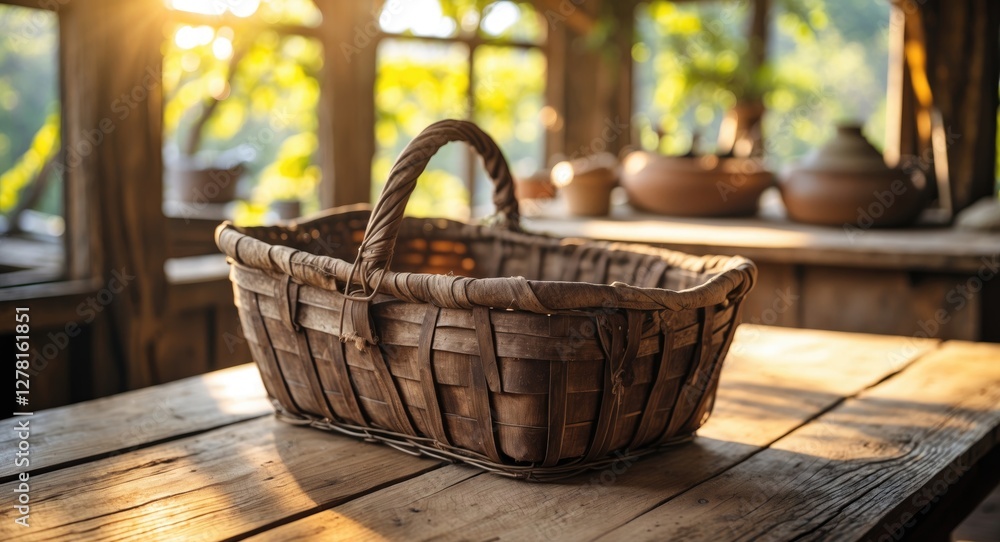 Poster basket made of woven material placed on a wooden table in a rustic setting with sunlight filtering t