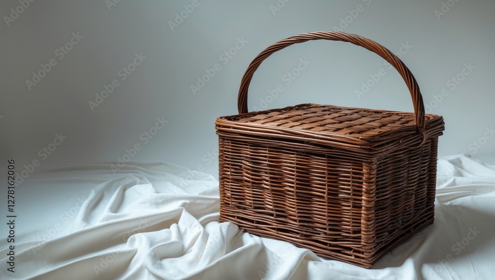 Poster woven wicker basket with handle placed on soft white fabric background in a minimalist setting