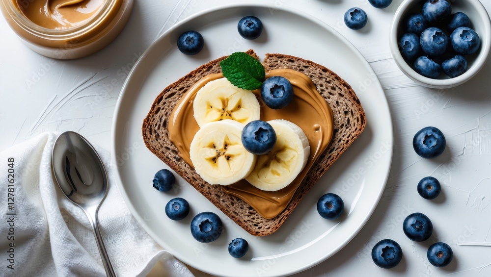 Poster peanut butter toast with banana slices and blueberries on a white plate with spoon and jar on a tabl