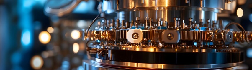 Fototapeta premium Close up view of a complex system of metallic gears cogs and mechanical components within an advanced industrial machine or engine