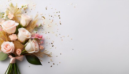 花束のブーケと白い背景フレーム。コピースペースあり。AIで生成