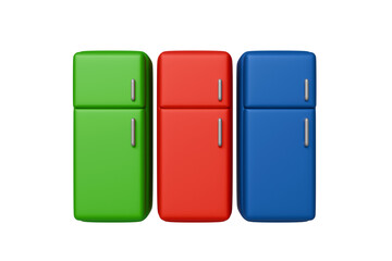 3D model of three refrigerators green and red and blue on a white background, household appliances