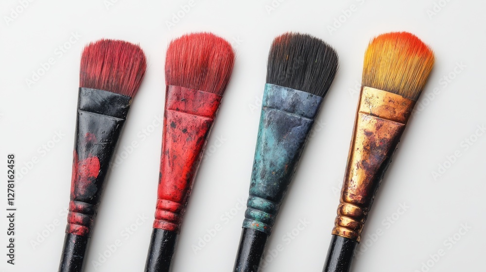 Poster artistic palette four paintbrushes displayed on white surface in studio setting with vivid colors an