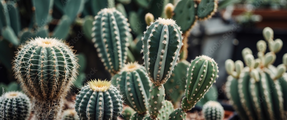 Poster variety of cacti with different shapes and sizes in a natural setting with green background and shar