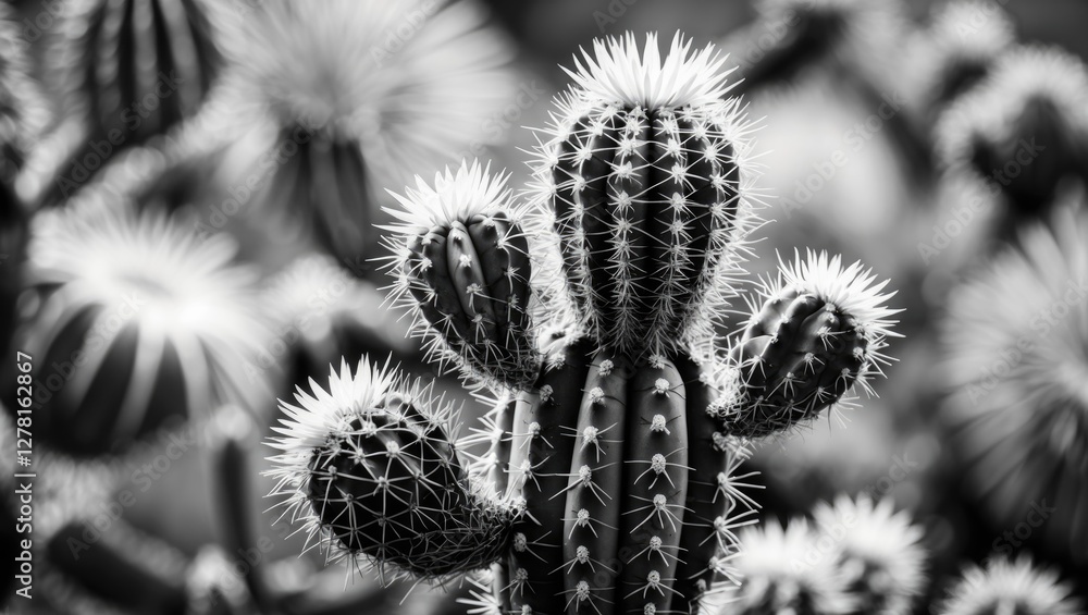 Poster Black and white close-up of multiple cactus plants with sharp spines and varied textures in a desert environment