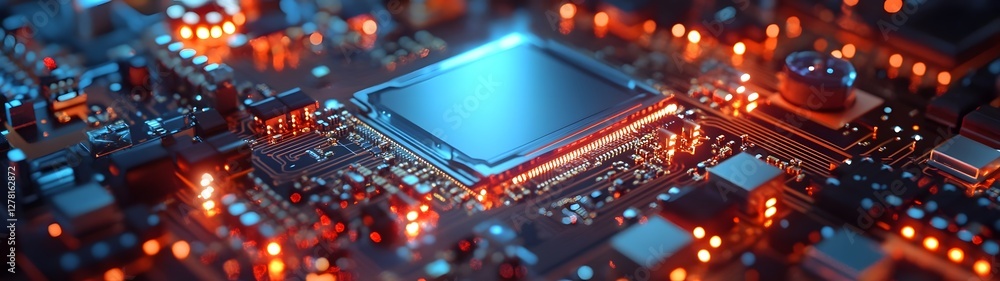 Poster Close up view of a vibrant intricate computer motherboard with microchips circuits and other electronic components showcasing the complexity and innovation of modern technology