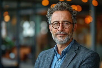 Confident middle-aged man with curly hair and glasses, exuding a relaxed yet professional vibe in a stylish setting.