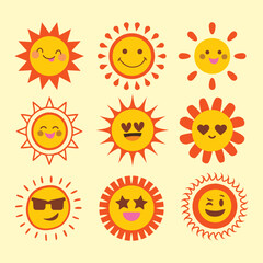 Flat cute sun icon set. Happy sun icon. Sunshine emoticon illustration set. Funny suns collection