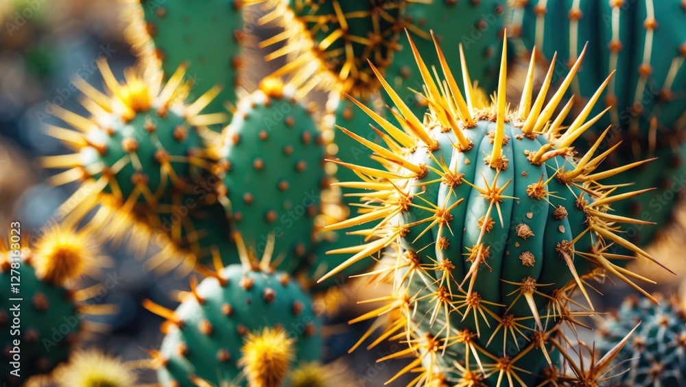 Poster cactuses with sharp spines and vibrant green color in natural desert setting with sunlight highlight