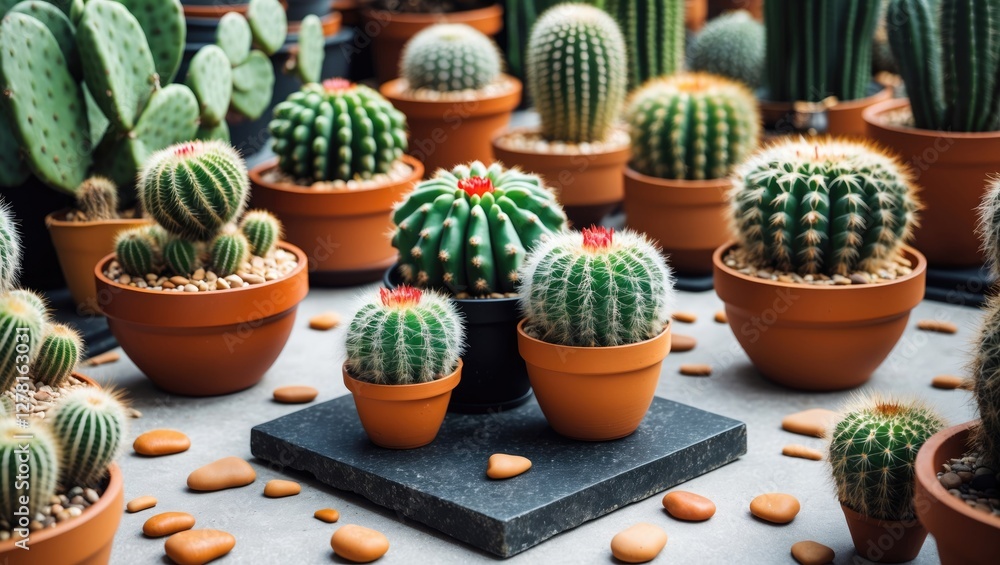 Poster variety of cacti in ceramic pots arranged on a display surface with decorative pebbles and a stone s