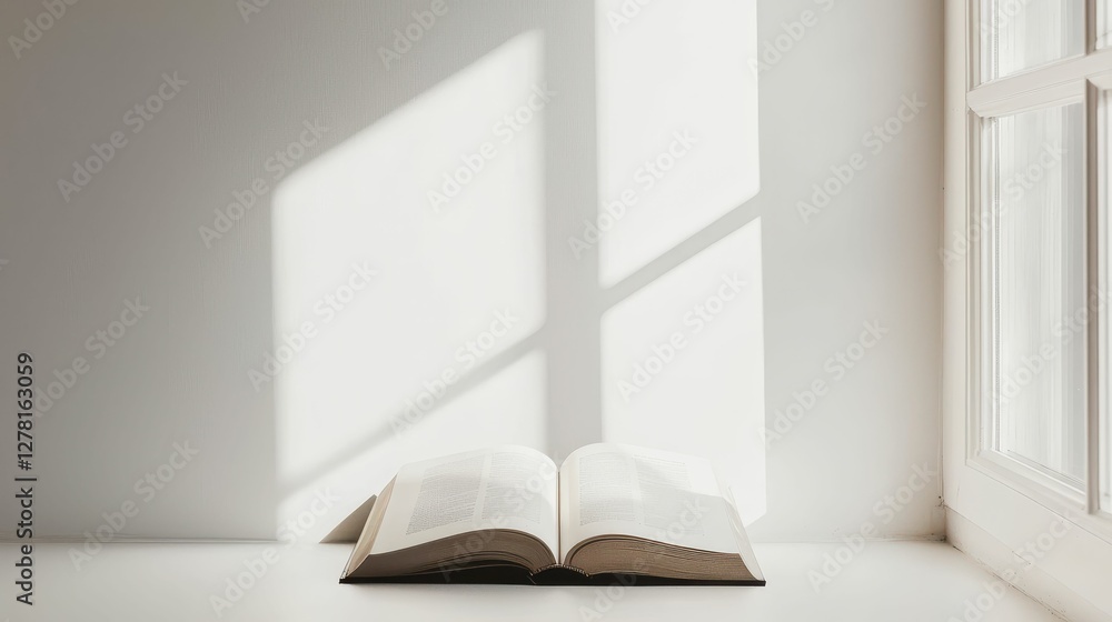 Poster open book on a desk with light and shadow from window
