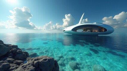 Obraz premium Underwater scene with futuristic submarine exploring coral reef near marine research station 