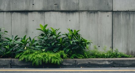 Obraz premium Green plants and ferns against a concrete wall with pavement in urban environment nature contrast
