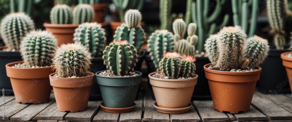 Poster various potted cacti displayed on a wooden surface in a greenhouse setting showcasing different spec