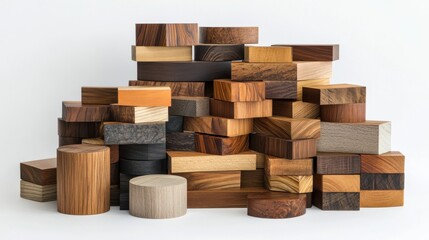 Varied Wood Samples Collection Brown and Tan Blocks on White Background