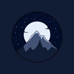 Beautiful and minimalist mountain and moon design with starry sky, landscape design in circle