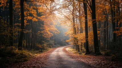Fototapeta premium Sun shining through the trees on a dirt road in the forest in the fall