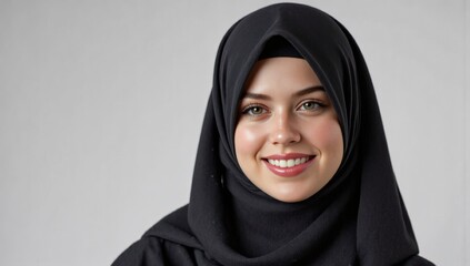 Naklejka premium Young Muslim Woman in Black Hijab Smiling Against a Neutral Background, Emphasizing Joy and Cultural Identity in a Contemporary Setting