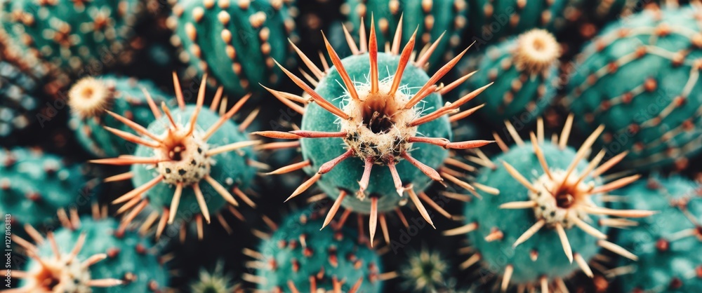 Poster close-up of various green cacti with sharp spines and textured surface against a blurred background