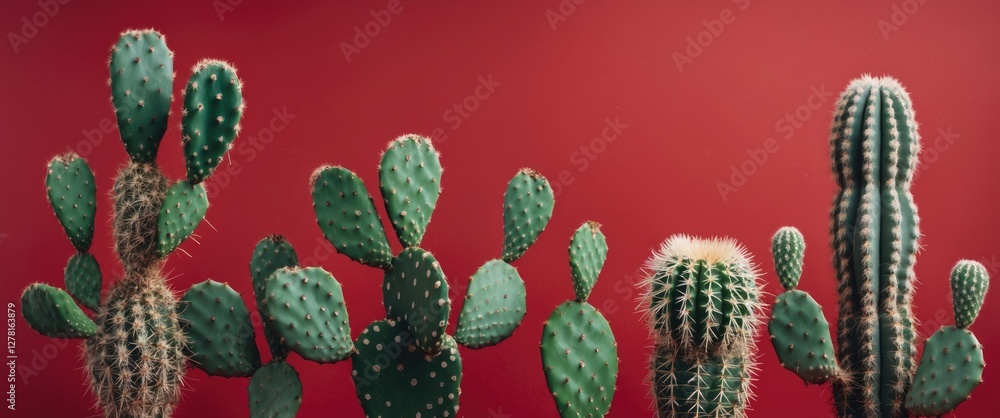 Poster cacti of various shapes and sizes arranged against a vibrant red background in a studio setting