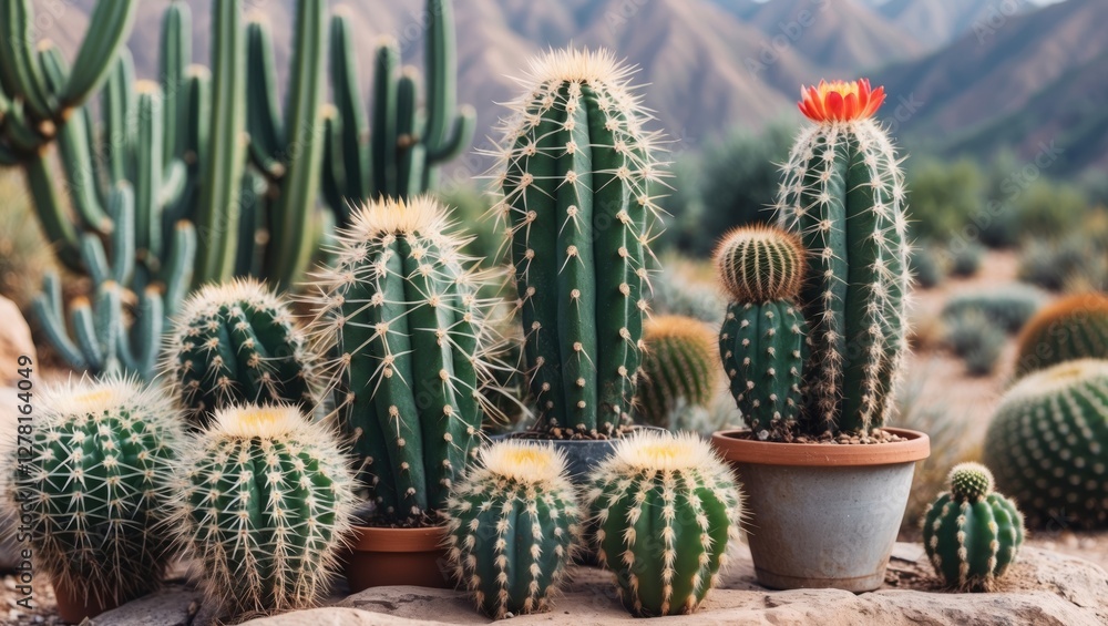Poster assorted cacti in various shapes and sizes arranged in pots with mountainous background and natural 