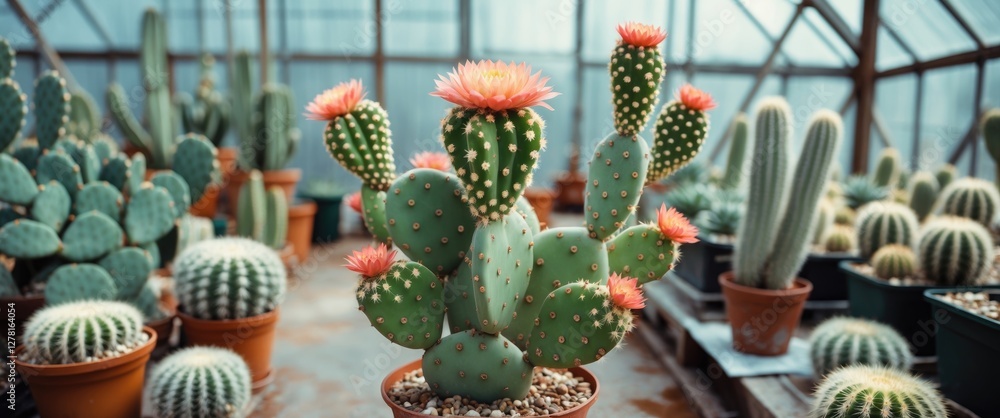 Poster colorful blooming cacti in greenhouse setting with multiple varieties of cacti in pots and natural l