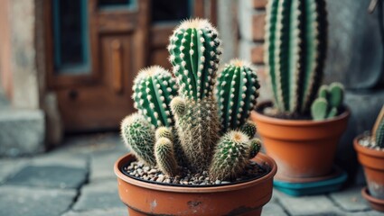 Potted cacti arrangement with various species in clay pots on stone floor near wooden door