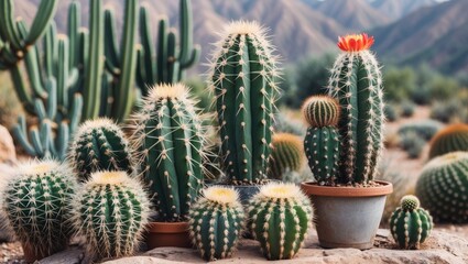 Fototapeta premium Assorted cacti in various shapes and sizes arranged in pots with mountainous background and natural lighting in desert landscape