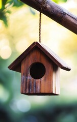 Charming wooden birdhouse gracefully perched on a rustic wooden pole, inviting feathered friends to nest nearby.