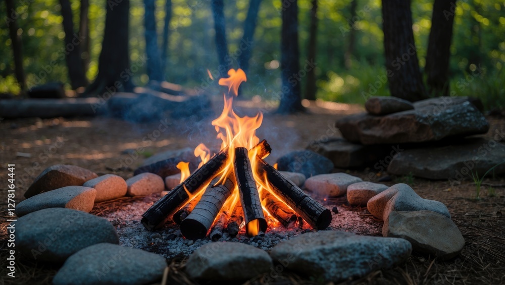 Poster campfire surrounded by stones in a forest setting with trees in the background and smoke rising from