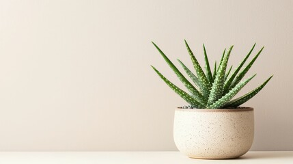 Green Aloe Vera Plant in Simple Beige Pot on Minimalist Background