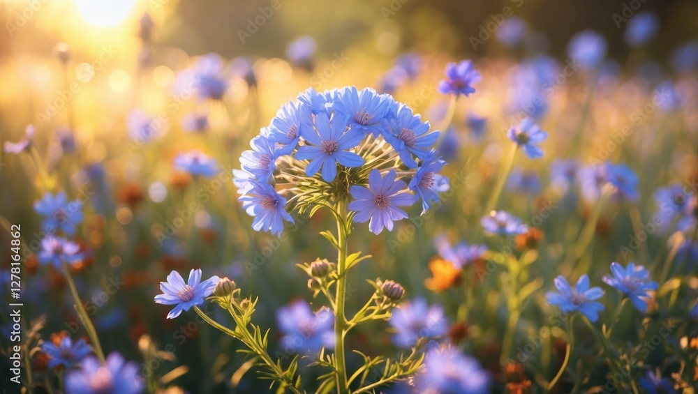 Poster blue wildflowers in a sunlit field during golden hour with soft bokeh effect in background creating 