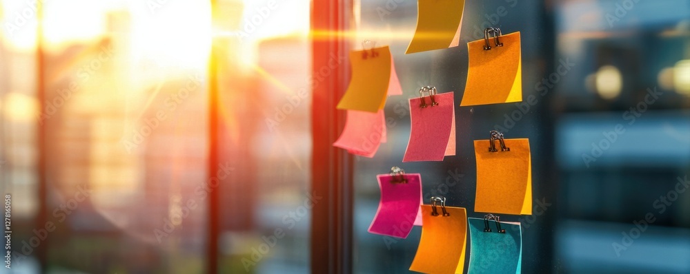 Poster a colorful display of sticky notes on a window, illuminated by warm sunlight, creating a vibrant wor