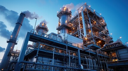 Fototapeta premium Industrial Facility at Dusk with Smoke and Illuminated Structures Against a Dynamic Sky