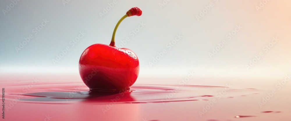 Aufkleber red cherry on reflective surface with red liquid background and soft gradient lighting.
