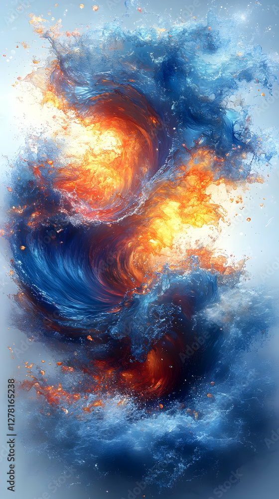 Poster swirling orange and blue abstract pattern with dynamic energy and celestial texture