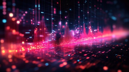 Naklejka premium Abstract visualization of sound waves with vibrant colors and digital elements in a futuristic setting