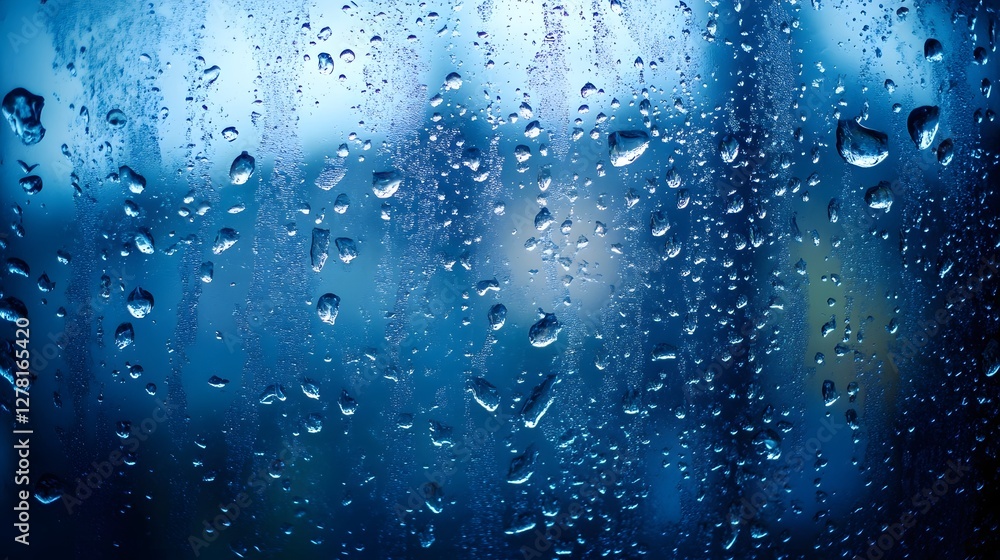Aufkleber Close up view of raindrops on a window glass creating a blurred abstract and atmospheric effect  The blurred and textured nature of the water droplets evokes a serene pensive and contemplative mood