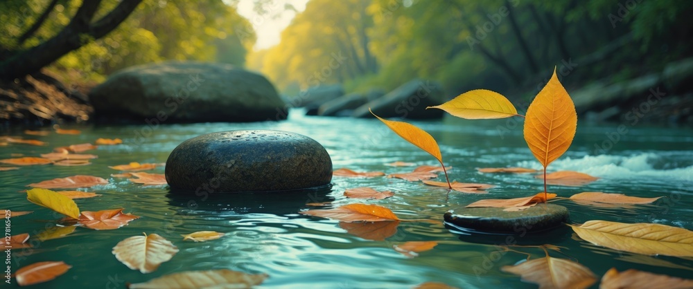 Poster autumn leaves floating on a tranquil river with rocks and trees in the background during golden hour