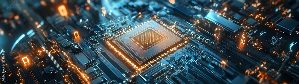 Poster Close up view of the complex and intricate electronic circuitry of a powerful computer processor chip illuminated in vibrant colorful hues that highlight the advanced technology and innovation within
