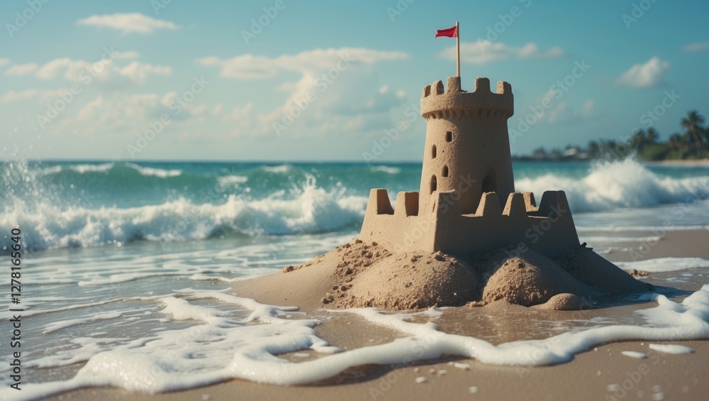 Poster sandcastle on beach with ocean waves in background and red flag on top against clear sky and distant