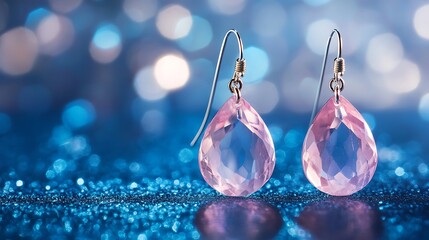 Rose quartz earrings with teardrop shapes on blue lights background