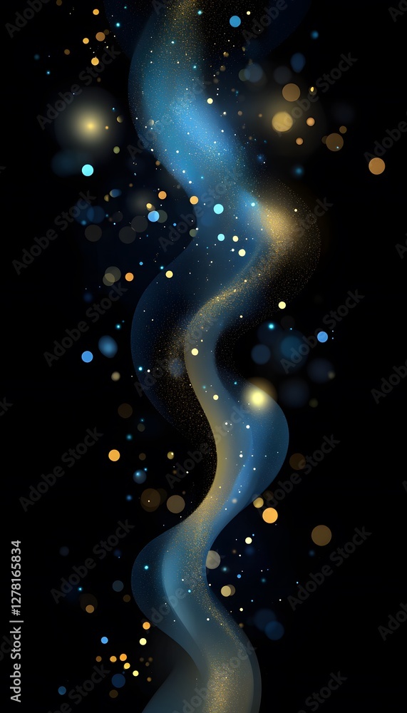 Poster abstract wavy shape with shimmering sparkles on a dark background