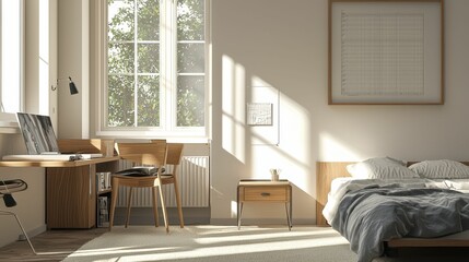 Modern Minimalist Bedroom and Workspace with Natural Light