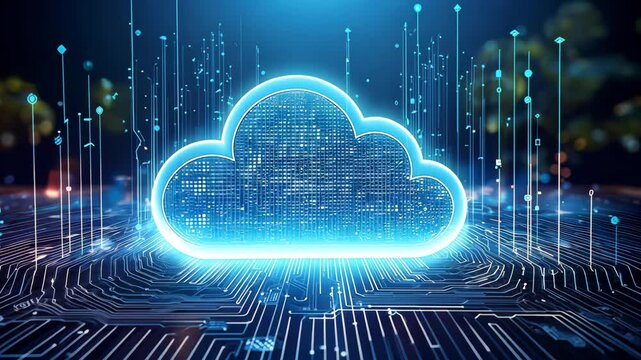 A glowing digital cloud represents advanced data storage, illustrating the concept of cloud computing. This futuristic image highlights technology, security, and digital connectivity in a vibrant desi