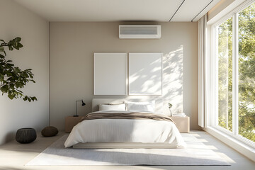 Fototapeta premium Bright Airy Bedroom with Efficient Wall-Mounted Air Conditioner 