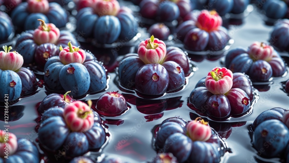 Poster blueberries with unique shapes and colors submerged in dark liquid surface creating an abstract patt
