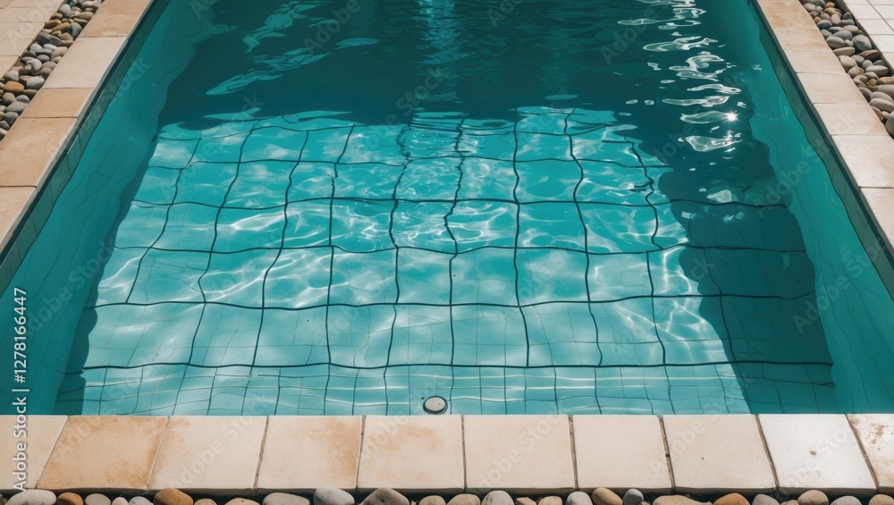 Poster rectangular swimming pool with clear turquoise water and tiled bottom surrounded by stone border in 